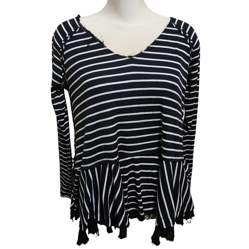 Free People Black White Striped Ribbed‎ Peplum Top gorpcore Lace read descrip